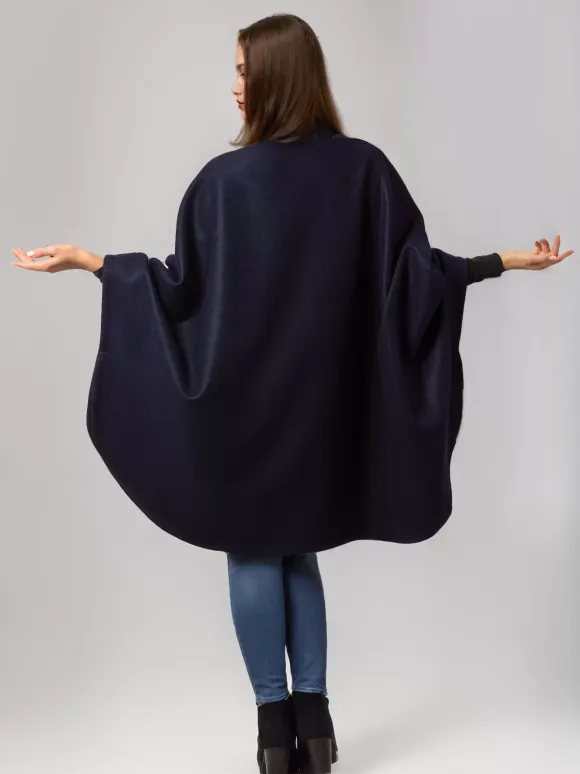 Wool Blend Cape Coat Dark Navy Lapel Oversized Poncho Winter Outerwear For Women 2026