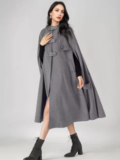 Wool Blend Cape Coat For Women Hooded Gray Oversized Long Poncho Outerwear 2026