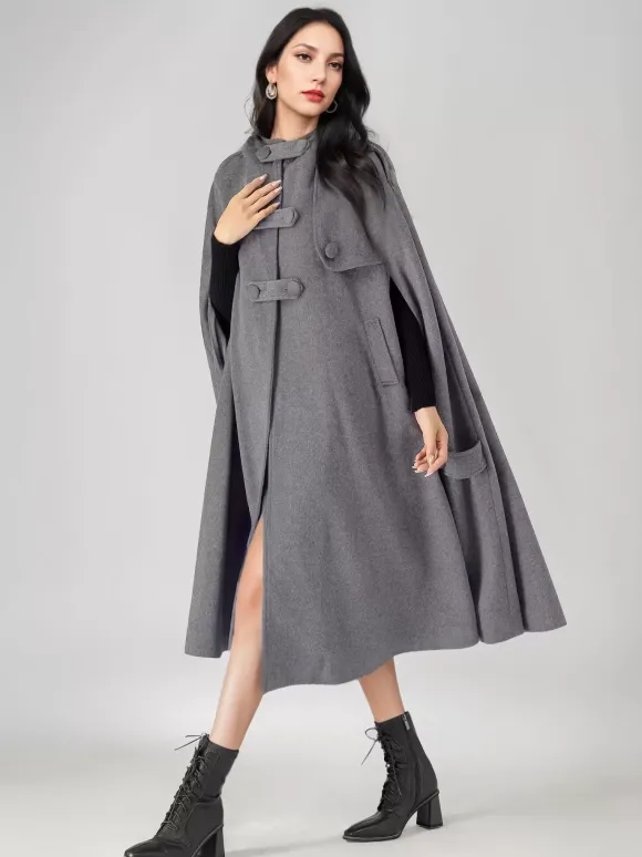 Wool Blend Cape Coat For Women Hooded Gray Oversized Long Poncho Outerwear 2026