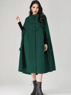 Wool Blend Cape Coat For Women Hooded Gray Oversized Long Poncho Outerwear 2026