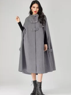 Wool Blend Cape Coat For Women Hooded Gray Oversized Long Poncho Outerwear 2026
