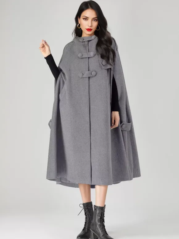 Wool Blend Cape Coat For Women Hooded Gray Oversized Long Poncho Outerwear 2026