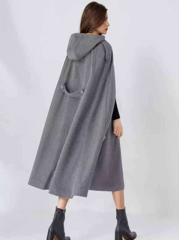 Wool Blend Cape Coat For Women Hooded Gray Oversized Long Poncho Outerwear 2026