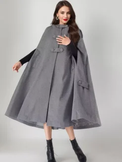 Wool Blend Cape Coat For Women Hooded Gray Oversized Long Poncho Outerwear 2026