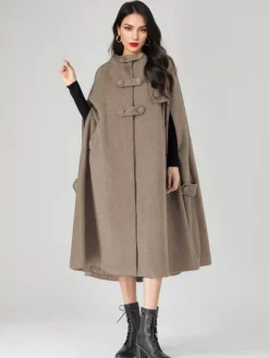 Wool Blend Cape Coat For Women Hooded Gray Oversized Long Poncho Outerwear 2026