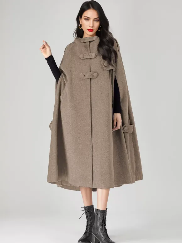 Wool Blend Cape Coat For Women Hooded Gray Oversized Long Poncho Outerwear 2026