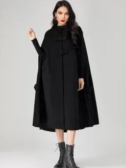 Wool Blend Cape Coat For Women Hooded Gray Oversized Long Poncho Outerwear 2026