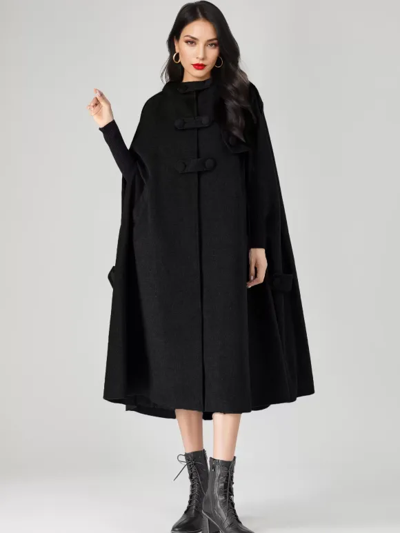 Wool Blend Cape Coat For Women Hooded Gray Oversized Long Poncho Outerwear 2026