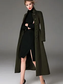 Wool Blend Coat Burgundy Belted Stand Collar Slim Fit Winter Outerwear For Women In Solid Color 2026