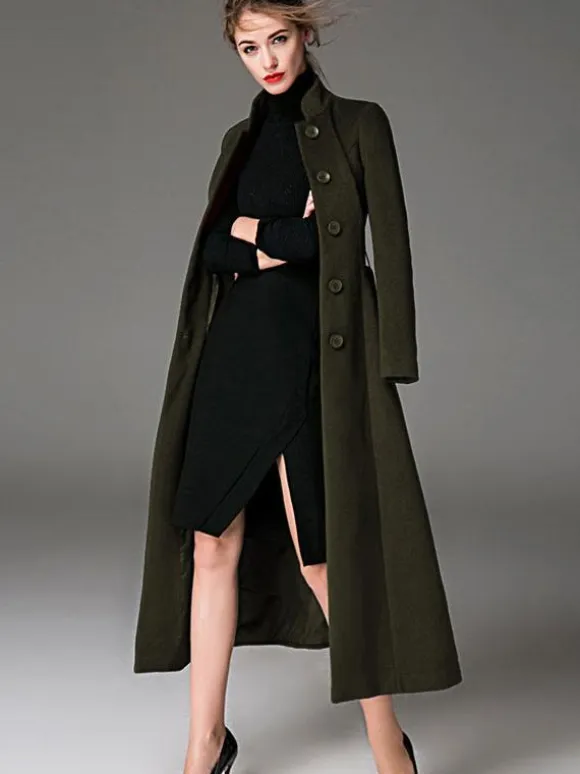 Wool Blend Coat Burgundy Belted Stand Collar Slim Fit Winter Outerwear For Women In Solid Color 2026