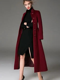 Wool Blend Coat Burgundy Belted Stand Collar Slim Fit Winter Outerwear For Women In Solid Color 2026