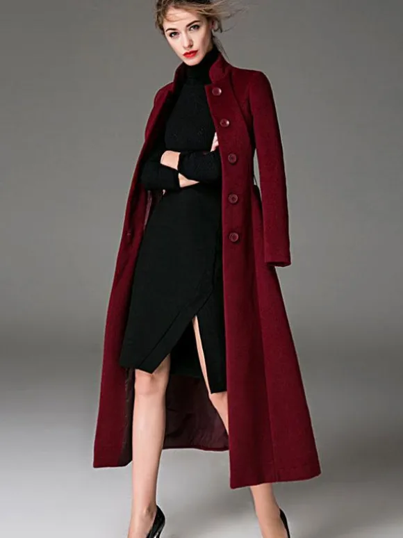 Wool Blend Coat Burgundy Belted Stand Collar Slim Fit Winter Outerwear For Women In Solid Color 2026