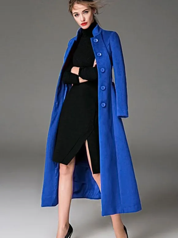 Wool Blend Coat Burgundy Belted Stand Collar Slim Fit Winter Outerwear For Women In Solid Color 2026