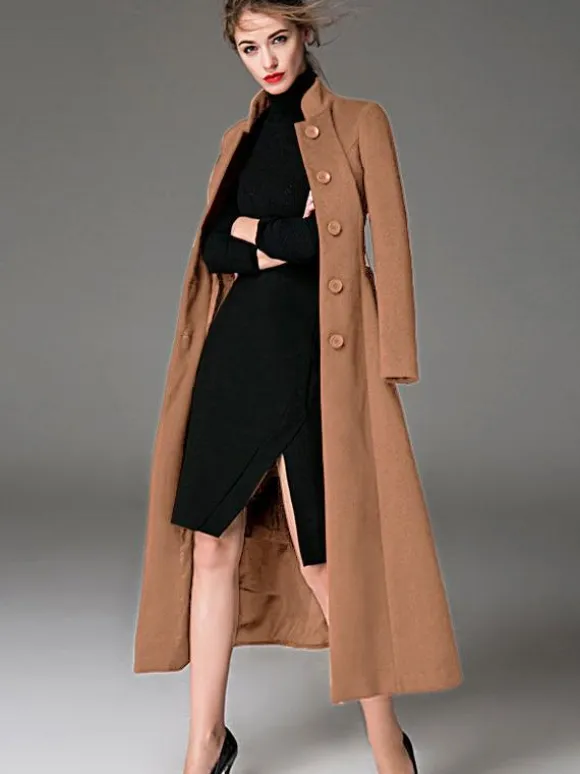 Wool Blend Coat Burgundy Belted Stand Collar Slim Fit Winter Outerwear For Women In Solid Color 2026