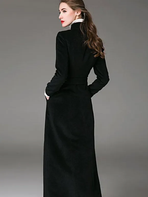 Wool Blend Coat Burgundy Belted Stand Collar Slim Fit Winter Outerwear For Women In Solid Color 2026