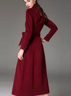Wool Blend Coat Burgundy Belted Stand Collar Slim Fit Winter Outerwear For Women In Solid Color 2026