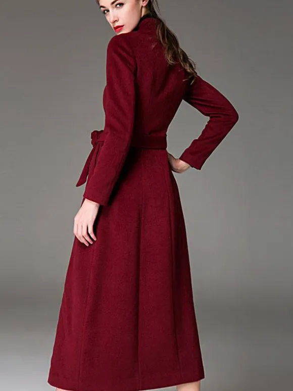 Wool Blend Coat Burgundy Belted Stand Collar Slim Fit Winter Outerwear For Women In Solid Color 2026