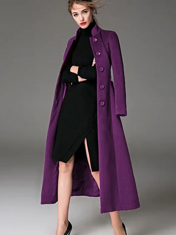 Wool Blend Coat Burgundy Belted Stand Collar Slim Fit Winter Outerwear For Women In Solid Color 2026