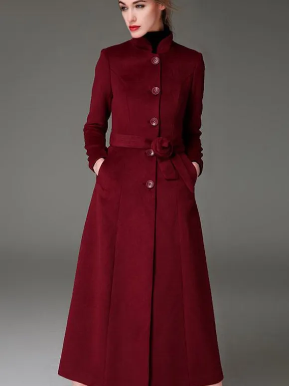 Wool Blend Coat Burgundy Belted Stand Collar Slim Fit Winter Outerwear For Women In Solid Color 2026