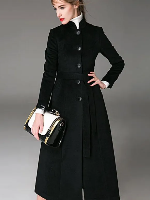 Wool Blend Coat Burgundy Belted Stand Collar Slim Fit Winter Outerwear For Women In Solid Color 2026