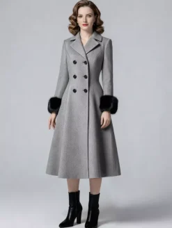 Wool Blend Double-breasted Midi Flared Coat with black Faux Fur Cuffs For Women 2026