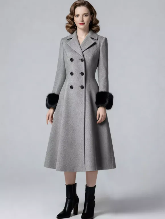 Wool Blend Double-breasted Midi Flared Coat with black Faux Fur Cuffs For Women 2026