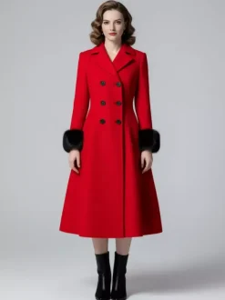 Wool Blend Double-breasted Midi Flared Coat with black Faux Fur Cuffs For Women 2026
