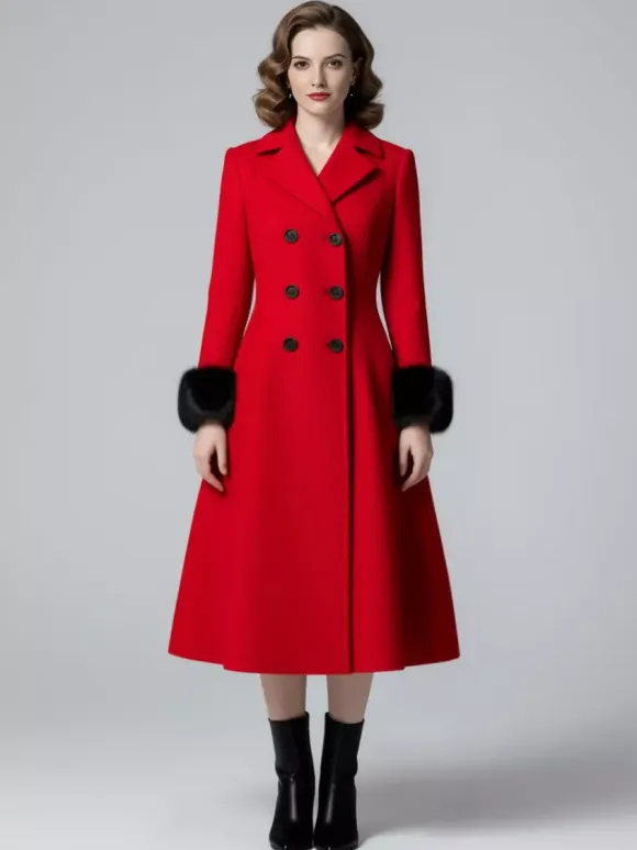 Wool Blend Double-breasted Midi Flared Coat with black Faux Fur Cuffs For Women 2026