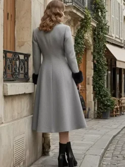 Wool Blend Double-breasted Midi Flared Coat with black Faux Fur Cuffs For Women 2026