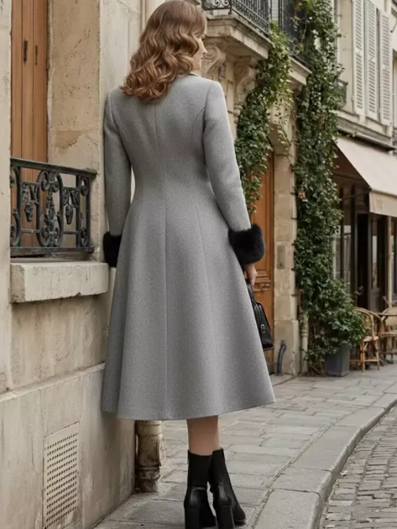 Wool Blend Double-breasted Midi Flared Coat with black Faux Fur Cuffs For Women 2026