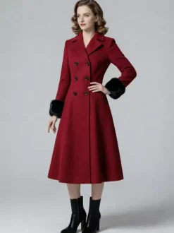 Wool Blend Double-breasted Midi Flared Coat with black Faux Fur Cuffs For Women 2026