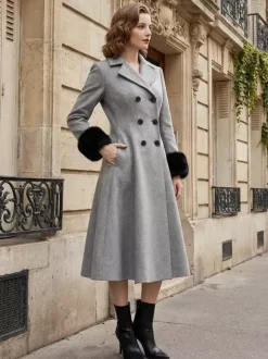 Wool Blend Double-breasted Midi Flared Coat with black Faux Fur Cuffs For Women 2026