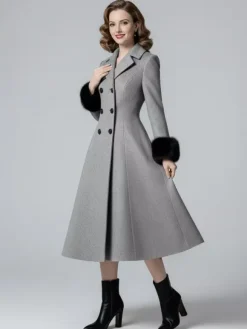 Wool Blend Double-breasted Midi Flared Coat with black Faux Fur Cuffs For Women 2026