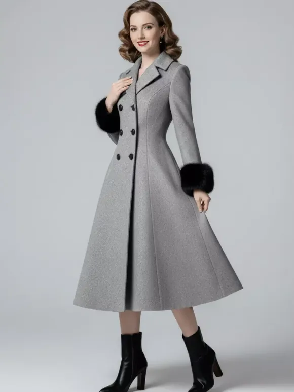 Wool Blend Double-breasted Midi Flared Coat with black Faux Fur Cuffs For Women 2026