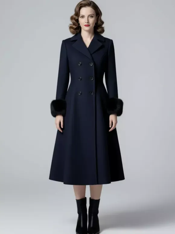 Wool Blend Double-breasted Midi Flared Coat with black Faux Fur Cuffs For Women 2026