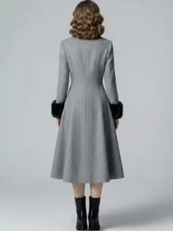 Wool Blend Double-breasted Midi Flared Coat with black Faux Fur Cuffs For Women 2026