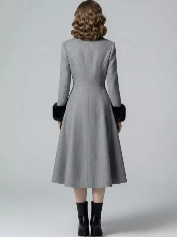 Wool Blend Double-breasted Midi Flared Coat with black Faux Fur Cuffs For Women 2026