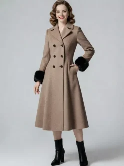 Wool Blend Double-breasted Midi Flared Coat with black Faux Fur Cuffs For Women 2026