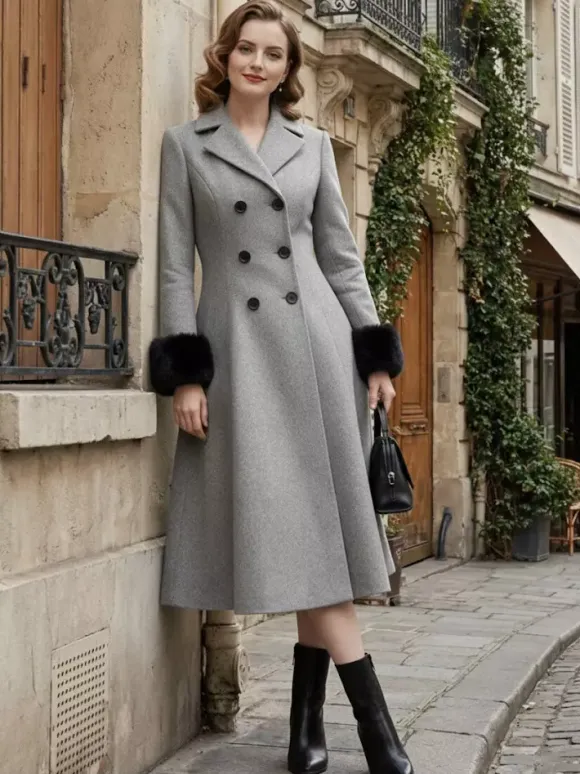Wool Blend Double-breasted Midi Flared Coat with black Faux Fur Cuffs For Women 2026