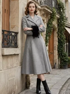 Wool Blend Double-breasted Midi Flared Coat with black Faux Fur Cuffs For Women 2026