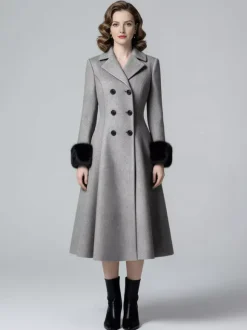Wool Blend Double-breasted Midi Flared Coat with black Faux Fur Cuffs For Women 2026