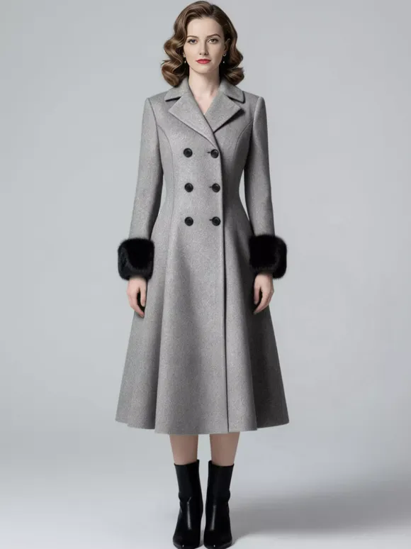Wool Blend Double-breasted Midi Flared Coat with black Faux Fur Cuffs For Women 2026