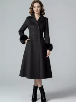 Wool Blend Double-breasted Midi Flared Coat with black Faux Fur Cuffs For Women 2026