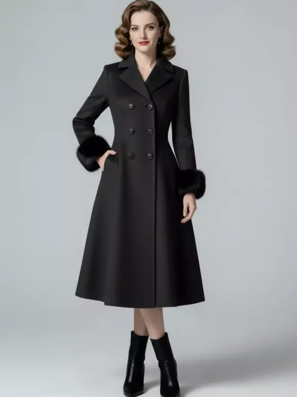Wool Blend Double-breasted Midi Flared Coat with black Faux Fur Cuffs For Women 2026