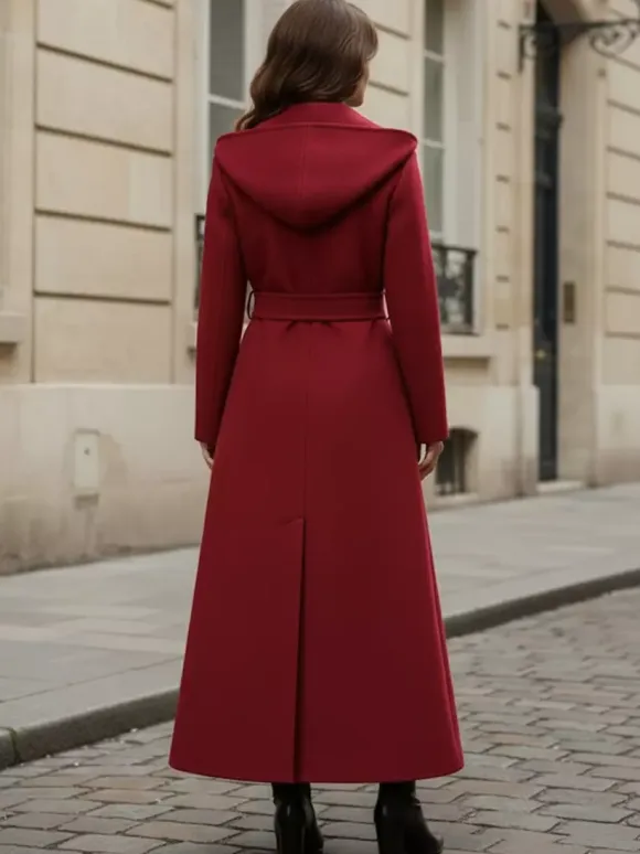 Wool Blend Maxi Hooded Coat With Double-Breasted Design For Women 2026