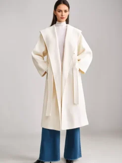 Wool Cashmere Blend Coat White Wide Lapel Double-Faced Belted Winter Outerwear For Women 2026