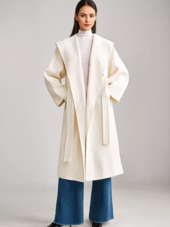 Wool Cashmere Blend Coat White Wide Lapel Double-Faced Belted Winter Outerwear For Women 2026