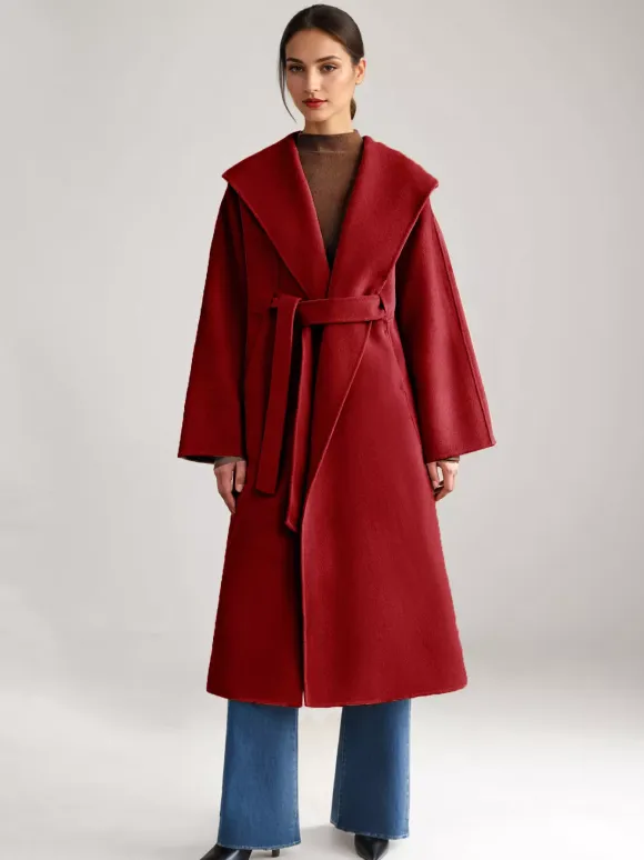 Wool Cashmere Blend Coat White Wide Lapel Double-Faced Belted Winter Outerwear For Women 2026