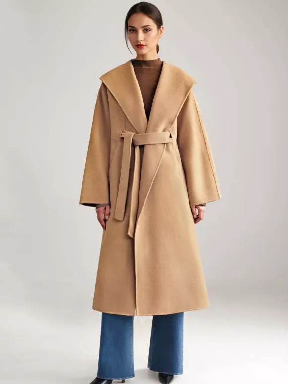 Wool Cashmere Blend Coat White Wide Lapel Double-Faced Belted Winter Outerwear For Women 2026
