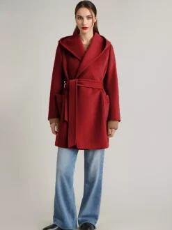Wool Cashmere Blend Coat With Hood Camel Belted Double-Faced Short Wrap Coat For Women 2026